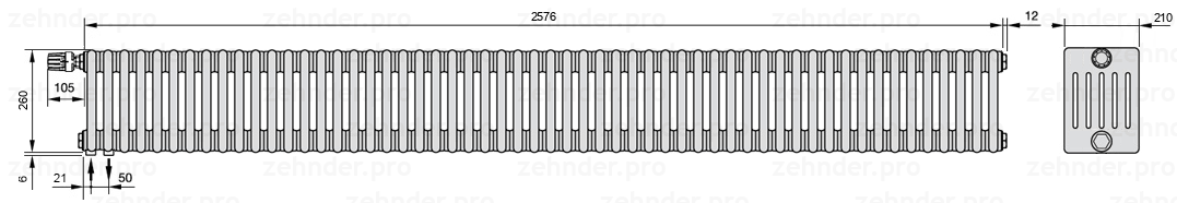 Схема (чертеж) Радиатор Zehnder Charleston 6026/56 №V001 Белый глянцевый RAL 9016